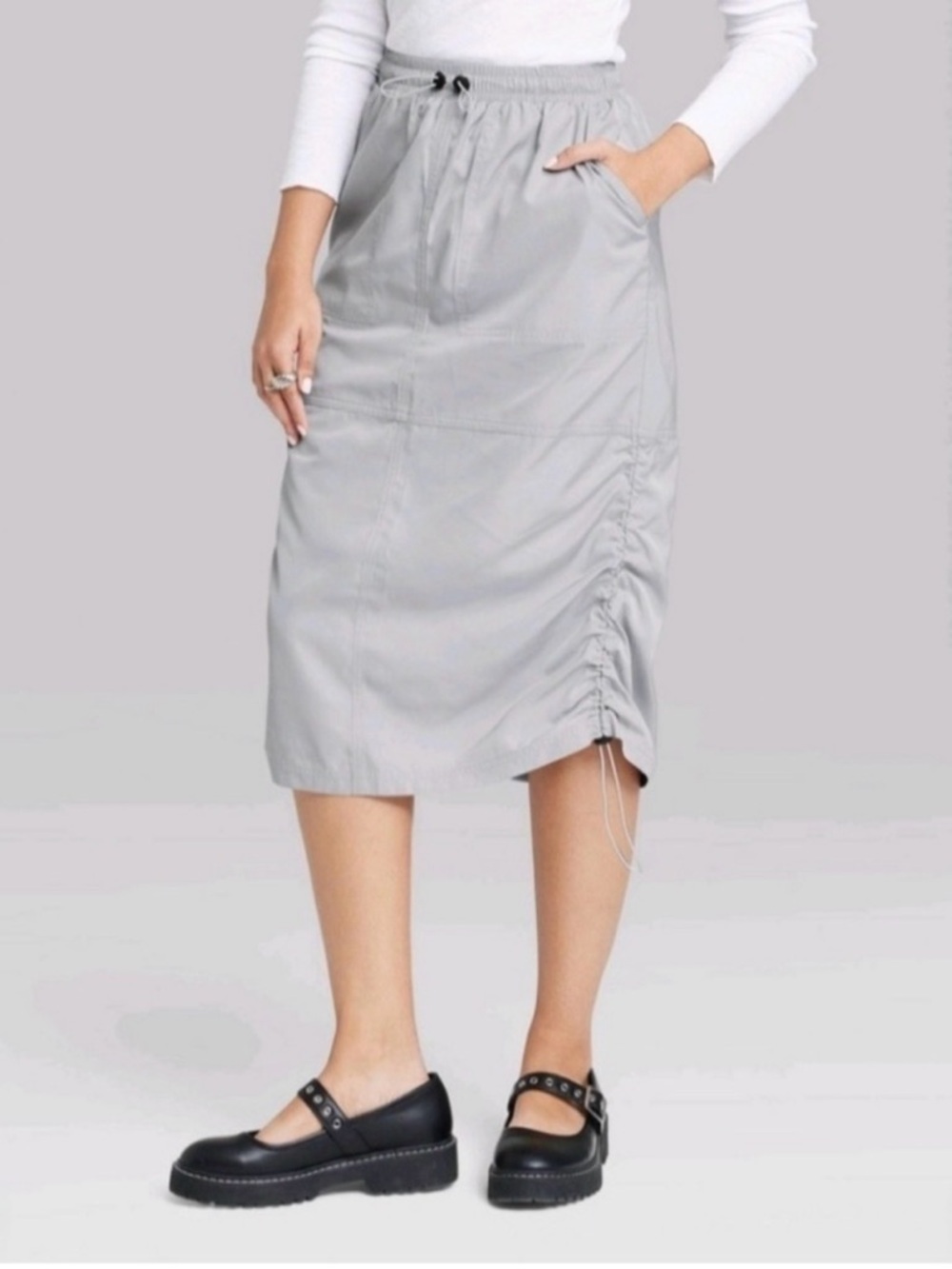 wild fable Light Gray Drawstring Midi Skirt with Side Ruching